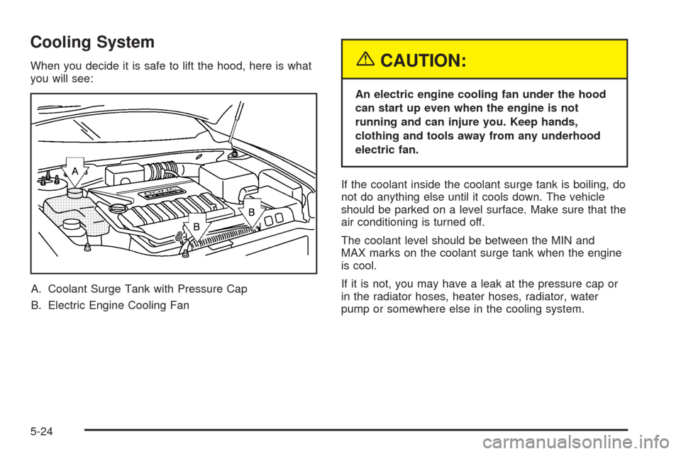 CHEVROLET EPICA 2005 1.G Owners Manual Cooling System
When you decide it is safe to lift the hood, here is what
you will see:
A. Coolant Surge Tank with Pressure Cap
B. Electric Engine Cooling Fan{CAUTION:
An electric engine cooling fan un