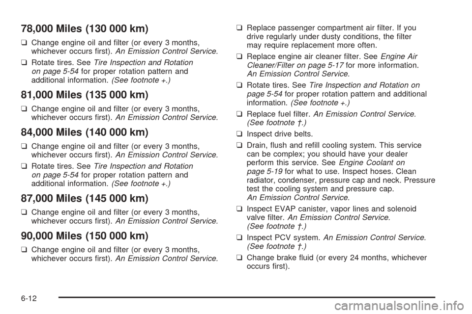 CHEVROLET EPICA 2005 1.G Owners Manual 78,000 Miles (130 000 km)
❑Change engine oil and ﬁlter (or every 3 months,
whichever occurs ﬁrst).An Emission Control Service.
❑Rotate tires. SeeTire Inspection and Rotation
on page 5-54for pr