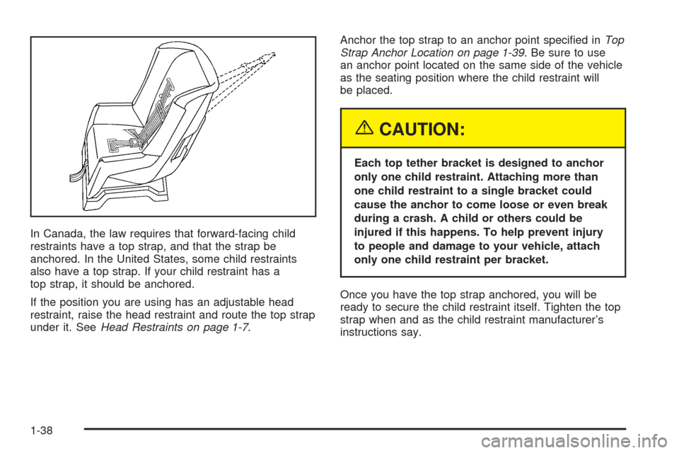 CHEVROLET EPICA 2005 1.G Owners Manual In Canada, the law requires that forward-facing child
restraints have a top strap, and that the strap be
anchored. In the United States, some child restraints
also have a top strap. If your child rest