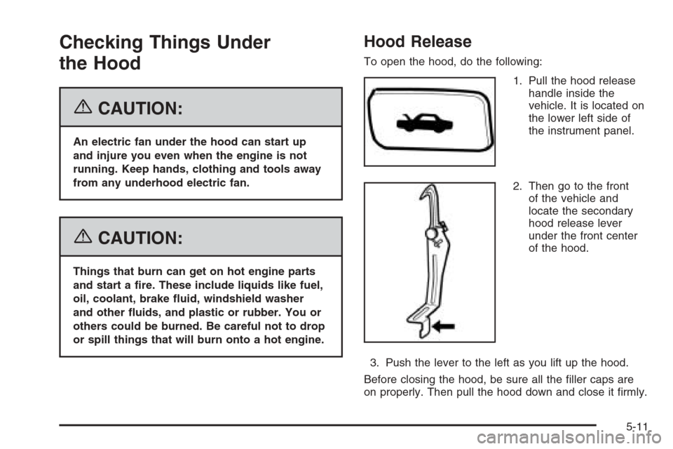 CHEVROLET EPICA 2006 1.G Owners Manual Checking Things Under
the Hood
{CAUTION:
An electric fan under the hood can start up
and injure you even when the engine is not
running. Keep hands, clothing and tools away
from any underhood electric