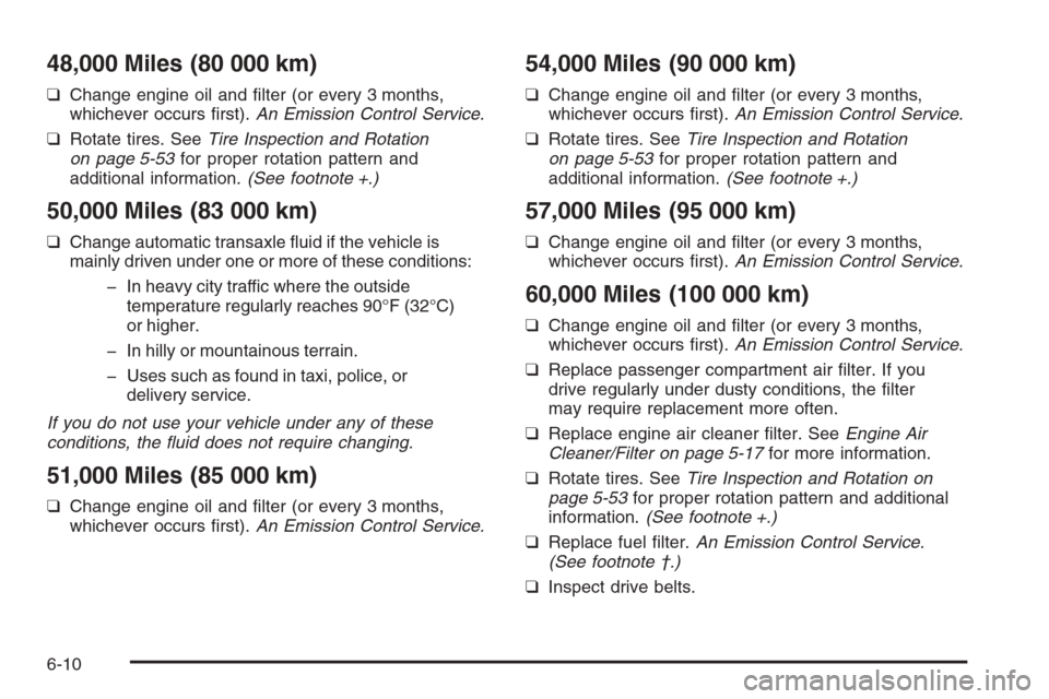 CHEVROLET EPICA 2006 1.G Owners Manual 48,000 Miles (80 000 km)
❑Change engine oil and ﬁlter (or every 3 months,
whichever occurs ﬁrst).An Emission Control Service.
❑Rotate tires. SeeTire Inspection and Rotation
on page 5-53for pro