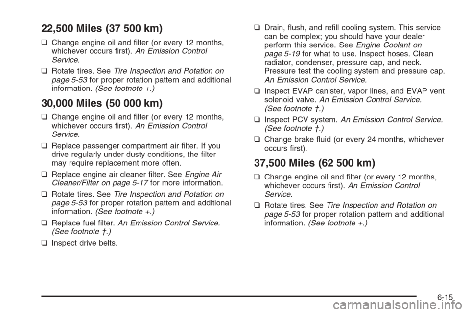 CHEVROLET EPICA 2006 1.G Owners Manual 22,500 Miles (37 500 km)
❑Change engine oil and filter (or every 12 months,
whichever occurs first).An Emission Control
Service.
❑Rotate tires. SeeTire Inspection and Rotation on
page 5-53for pr CHEVROLET EPICA 2006 1.G Owners Manual 22,500 Miles (37 500 km)
❑Change engine oil and filter (or every 12 months,
whichever occurs first).An Emission Control
Service.
❑Rotate tires. SeeTire Inspection and Rotation on
page 5-53for pr