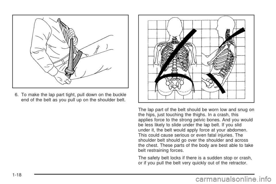 CHEVROLET EQUINOX 2005 1.G Owners Manual 6. To make the lap part tight, pull down on the buckle
end of the belt as you pull up on the shoulder belt.
The lap part of the belt should be worn low and snug on
the hips, just touching the thighs. 