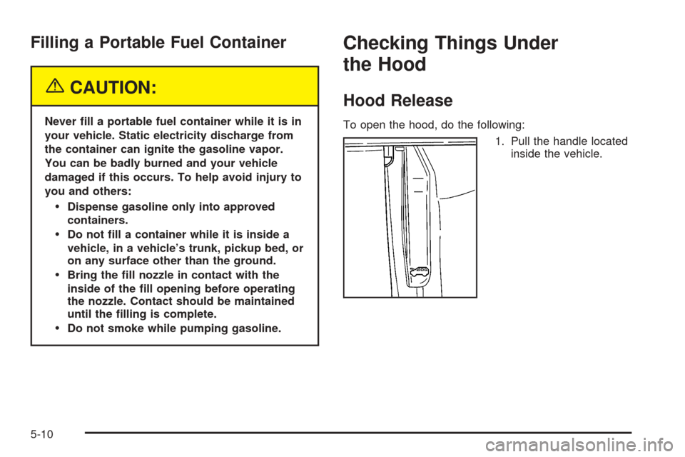 CHEVROLET EQUINOX 2005 1.G Owners Manual Filling a Portable Fuel Container
{CAUTION:
Never �ll a portable fuel container while it is in
your vehicle. Static electricity discharge from
the container can ignite the gasoline vapor.
You can be b