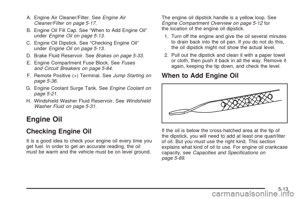 CHEVROLET EQUINOX 2005 1.G Owners Manual A. Engine Air Cleaner/Filter. SeeEngine Air
Cleaner/Filter on page 5-17.
B. Engine Oil Fill Cap. See “When to Add Engine Oil”
underEngine Oil on page 5-13.
C. Engine Oil Dipstick. See “Checking 