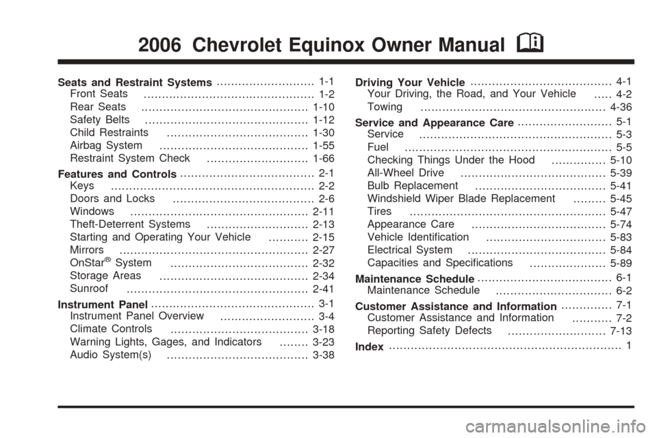 CHEVROLET EQUINOX 2006 1.G Owners Manual Seats and Restraint Systems........................... 1-1
Front Seats
............................................... 1-2
Rear Seats
..............................................1-10
Safety Belts
..