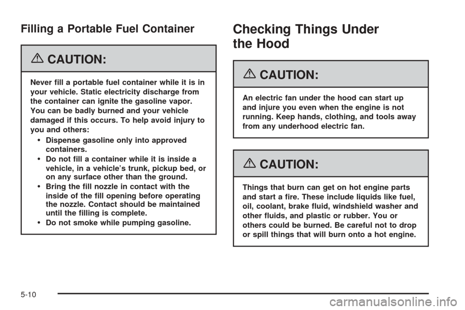 CHEVROLET EQUINOX 2006 1.G Owners Manual Filling a Portable Fuel Container
{CAUTION:
Never �ll a portable fuel container while it is in
your vehicle. Static electricity discharge from
the container can ignite the gasoline vapor.
You can be b