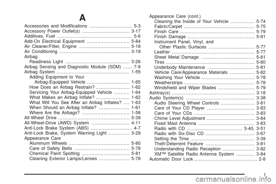 CHEVROLET EQUINOX 2006 1.G User Guide A
Accessories and Modi�cations............................ 5-3
Accessory Power Outlet(s)...............................3-17
Additives, Fuel................................................. 5-6
Add-On 