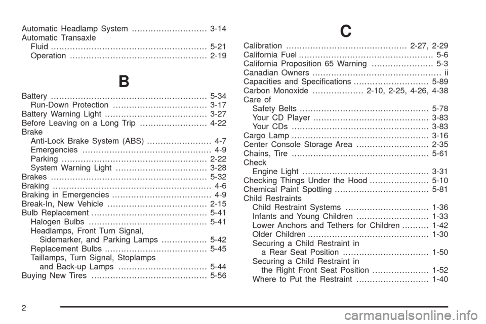 CHEVROLET EQUINOX 2006 1.G User Guide Automatic Headlamp System............................3-14
Automatic Transaxle
Fluid..........................................................5-21
Operation.............................................