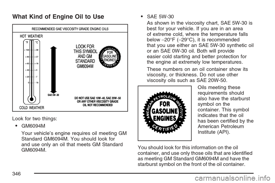 CHEVROLET EQUINOX 2007 1.G Owners Manual What Kind of Engine Oil to Use
Look for two things:
GM6094M
Your vehicle’s engine requires oil meeting GM
Standard GM6094M. You should look for
and use only an oil that meets GM Standard
GM6094M.
CHEVROLET EQUINOX 2007 1.G Owners Manual What Kind of Engine Oil to Use
Look for two things:
GM6094M
Your vehicle’s engine requires oil meeting GM
Standard GM6094M. You should look for
and use only an oil that meets GM Standard
GM6094M.
