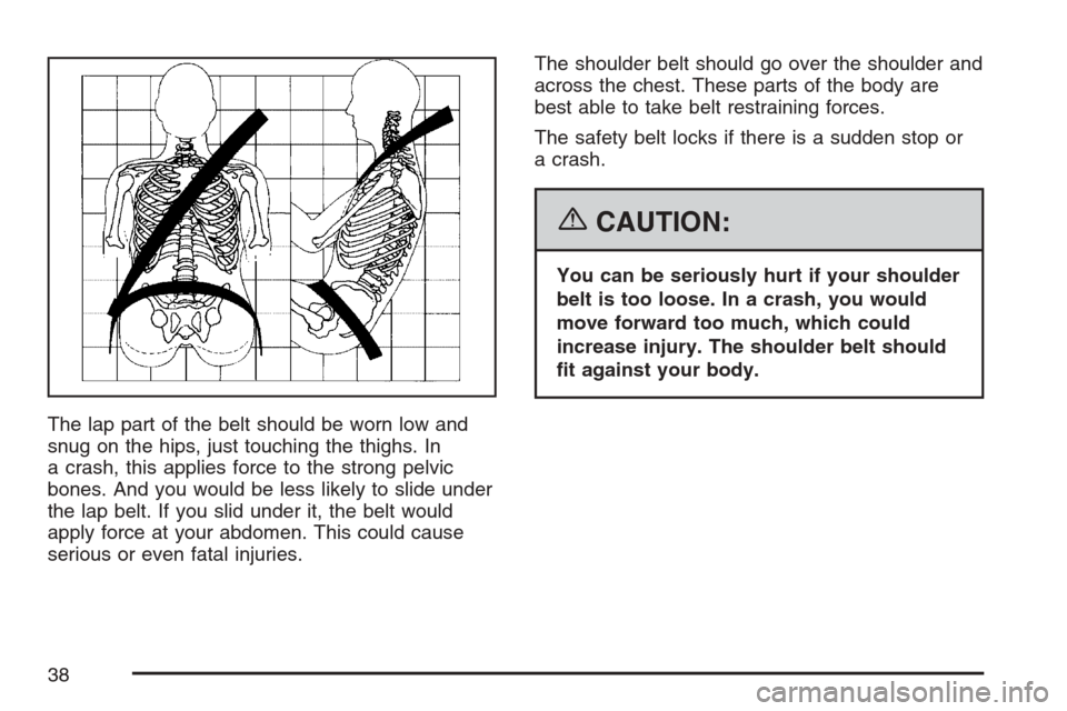 CHEVROLET EQUINOX 2007 1.G Owners Guide The lap part of the belt should be worn low and
snug on the hips, just touching the thighs. In
a crash, this applies force to the strong pelvic
bones. And you would be less likely to slide under
the l