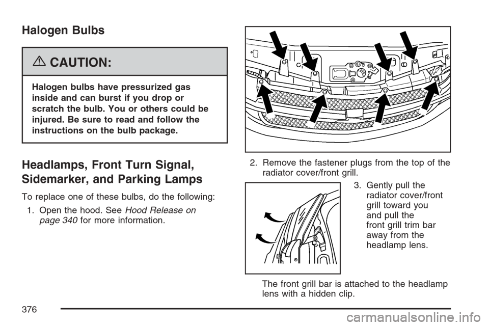 CHEVROLET EQUINOX 2007 1.G Owners Manual Halogen Bulbs
{CAUTION:
Halogen bulbs have pressurized gas
inside and can burst if you drop or
scratch the bulb. You or others could be
injured. Be sure to read and follow the
instructions on the bulb