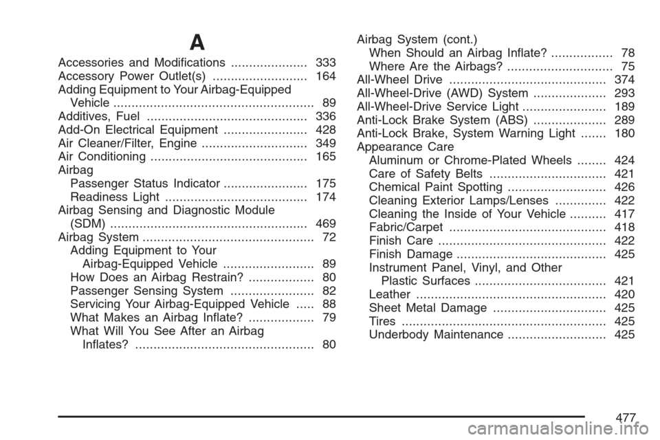 CHEVROLET EQUINOX 2007 1.G Owners Manual A
Accessories and Modi�cations..................... 333
Accessory Power Outlet(s).......................... 164
Adding Equipment to Your Airbag-Equipped
Vehicle........................................