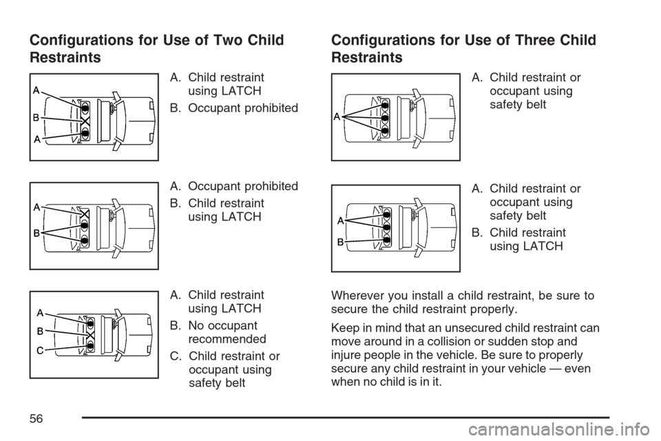 CHEVROLET EQUINOX 2007 1.G Workshop Manual Con�gurations for Use of Two Child
Restraints
A. Child restraint
using LATCH
B. Occupant prohibited
A. Occupant prohibited
B. Child restraint
using LATCH
A. Child restraint
using LATCH
B. No occupant
