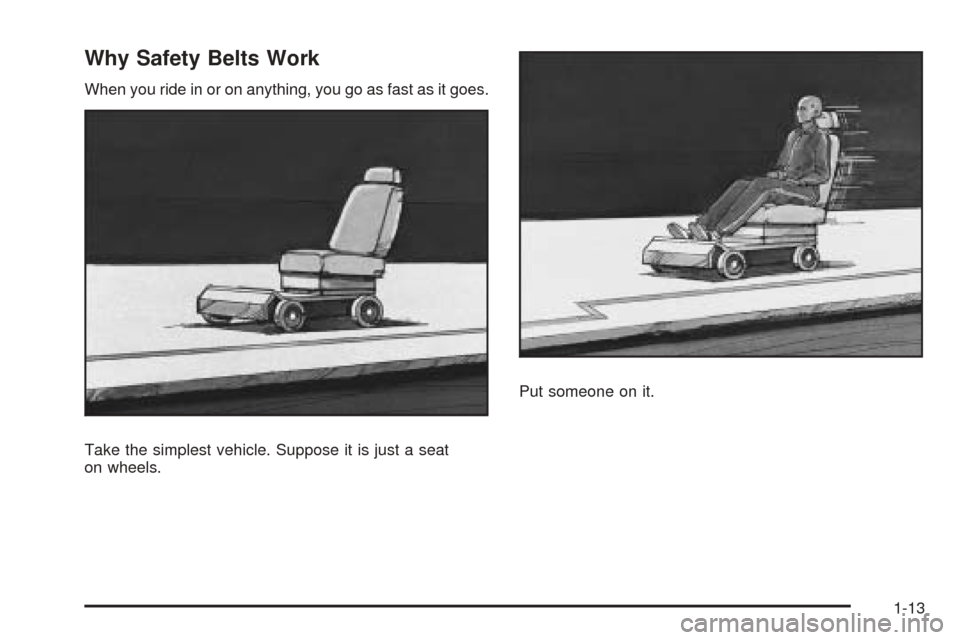 CHEVROLET EQUINOX 2008 1.G User Guide Why Safety Belts Work
When you ride in or on anything, you go as fast as it goes.
Take the simplest vehicle. Suppose it is just a seat
on wheels.Put someone on it.
1-13 