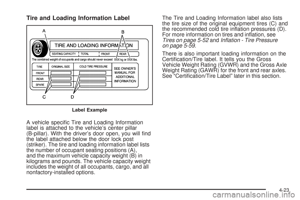 CHEVROLET EQUINOX 2008 1.G Owners Manual Tire and Loading Information Label
A vehicle speci�c Tire and Loading Information
label is attached to the vehicle’s center pillar
(B-pillar). With the driver’s door open, you will �nd
the label a
