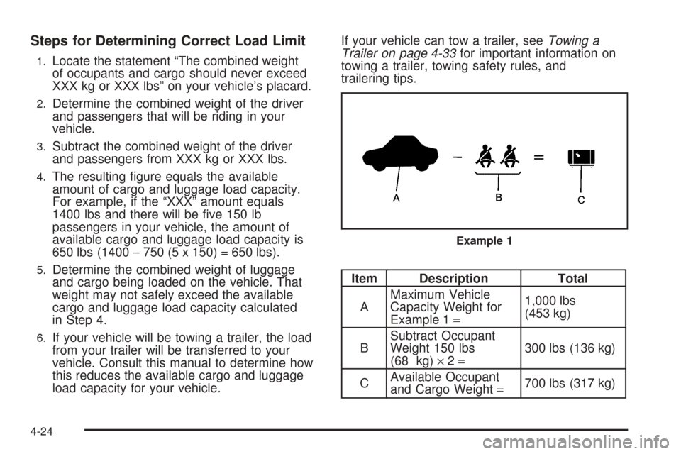 CHEVROLET EQUINOX 2008 1.G Owners Manual Steps for Determining Correct Load Limit
1.Locate the statement “The combined weight
of occupants and cargo should never exceed
XXX kg or XXX lbs” on your vehicle’s placard.
2.Determine the comb