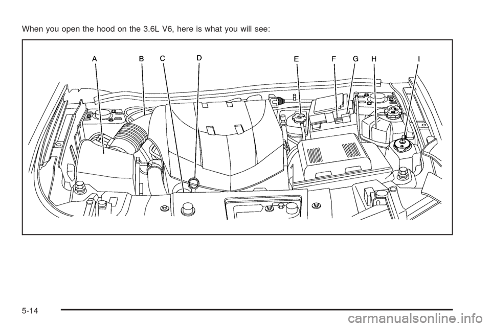 CHEVROLET EQUINOX 2008 1.G Owners Manual When you open the hood on the 3.6L V6, here is what you will see:
5-14 CHEVROLET EQUINOX 2008 1.G Owners Manual When you open the hood on the 3.6L V6, here is what you will see:
5-14