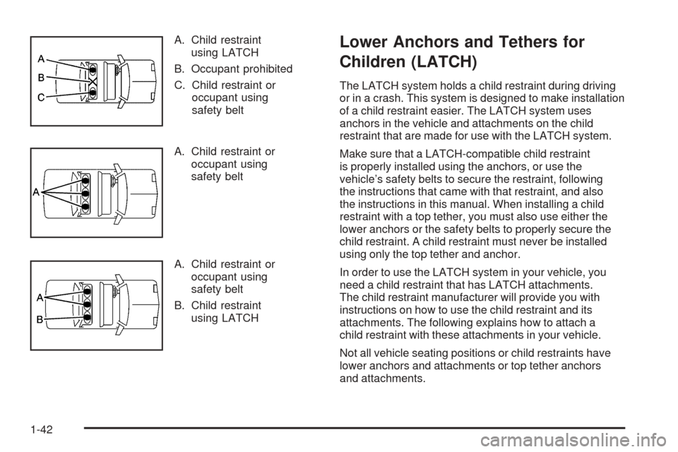 CHEVROLET EQUINOX 2008 1.G Service Manual A. Child restraint
using LATCH
B. Occupant prohibited
C. Child restraint or
occupant using
safety belt
A. Child restraint or
occupant using
safety belt
A. Child restraint or
occupant using
safety belt