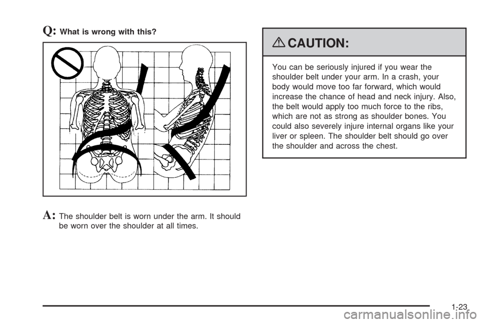 CHEVROLET EQUINOX 2009 1.G Owners Manual Q:What is wrong with this?
A:The shoulder belt is worn under the arm. It should
be worn over the shoulder at all times.
{CAUTION:
You can be seriously injured if you wear the
shoulder belt under your 