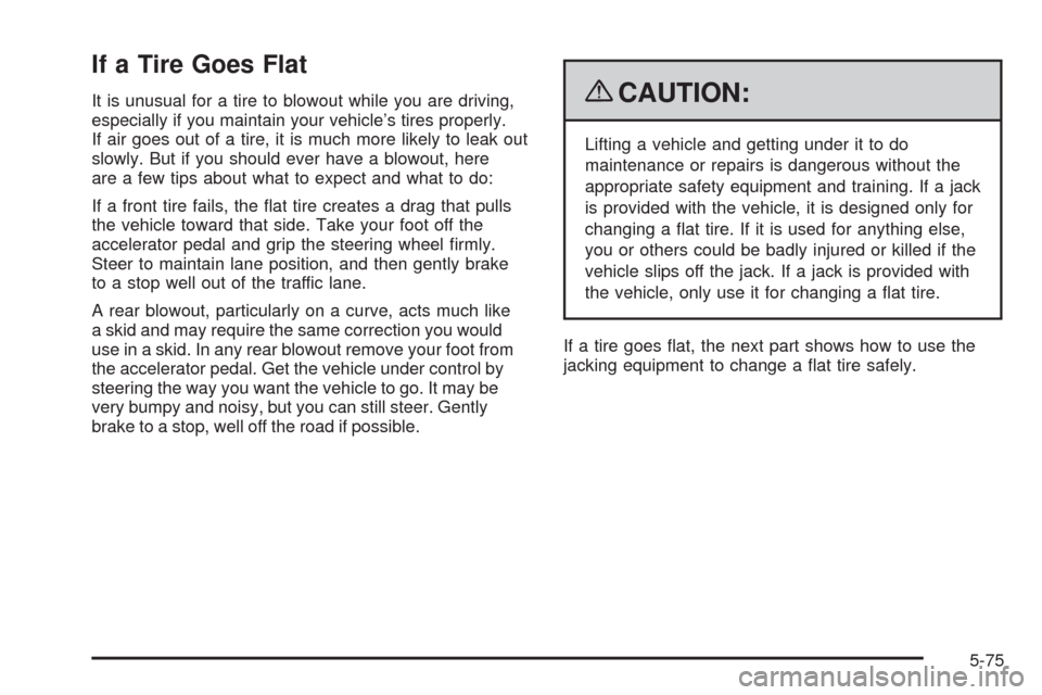 CHEVROLET EQUINOX 2009 1.G Owners Manual If a Tire Goes Flat
It is unusual for a tire to blowout while you are driving,
especially if you maintain your vehicle’s tires properly.
If air goes out of a tire, it is much more likely to leak out