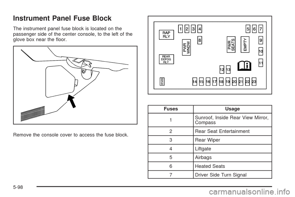 CHEVROLET EQUINOX 2009 1.G Owners Manual Instrument Panel Fuse Block
The instrument panel fuse block is located on the
passenger side of the center console, to the left of the
glove box near the �oor.
Remove the console cover to access the f