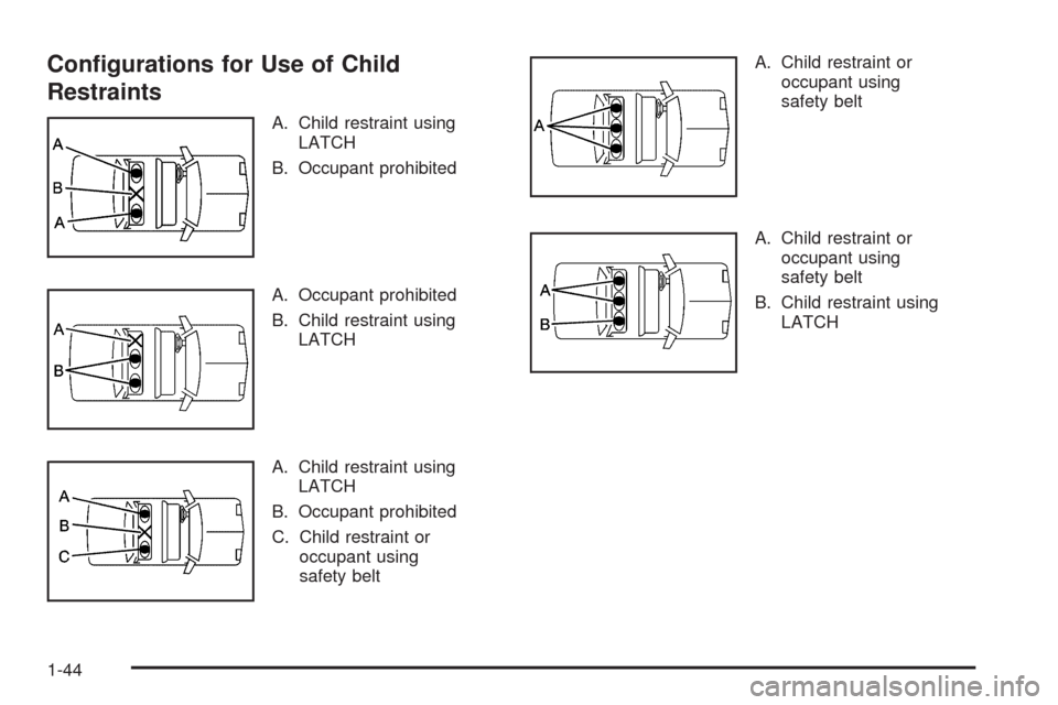 CHEVROLET EQUINOX 2009 1.G Service Manual Con�gurations for Use of Child
Restraints
A. Child restraint using
LATCH
B. Occupant prohibited
A. Occupant prohibited
B. Child restraint using
LATCH
A. Child restraint using
LATCH
B. Occupant prohibi