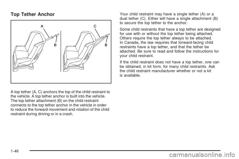 CHEVROLET EQUINOX 2009 1.G Service Manual Top Tether Anchor
A top tether (A, C) anchors the top of the child restraint to
the vehicle. A top tether anchor is built into the vehicle.
The top tether attachment (B) on the child restraint
connect