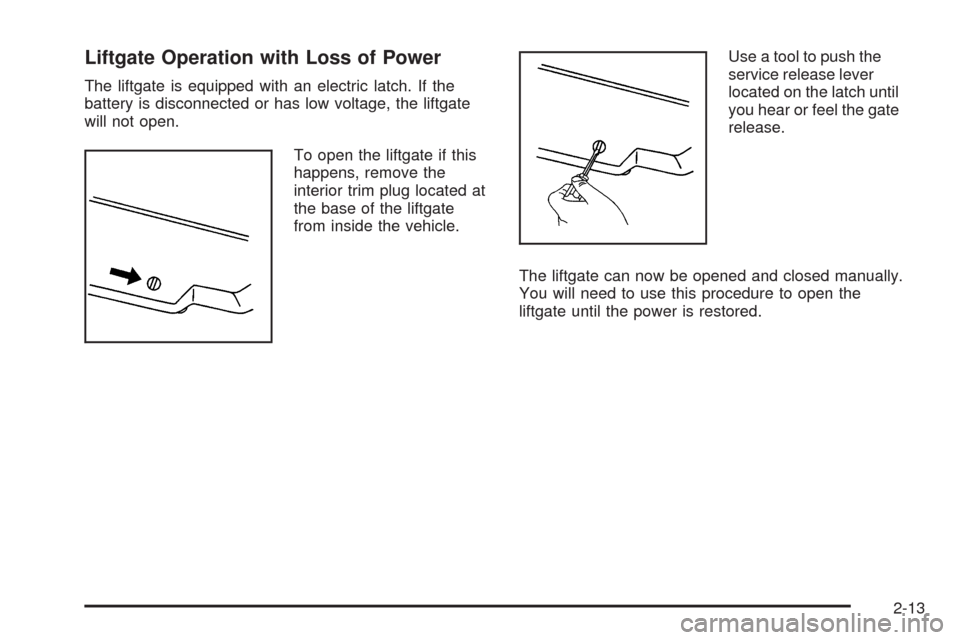 CHEVROLET EQUINOX 2009 1.G Owners Manual Liftgate Operation with Loss of Power
The liftgate is equipped with an electric latch. If the
battery is disconnected or has low voltage, the liftgate
will not open.
To open the liftgate if this
happe