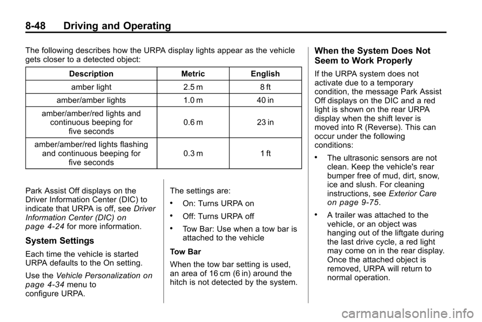 CHEVROLET EQUINOX 2010 2.G Owners Manual 8-48 Driving and Operating
The following describes how the URPA display lights appear as the vehicle
gets closer to a detected object:Description Metric Englishamber light 2.5 m 8 ft
amber/amber light CHEVROLET EQUINOX 2010 2.G Owners Manual 8-48 Driving and Operating
The following describes how the URPA display lights appear as the vehicle
gets closer to a detected object:Description Metric Englishamber light 2.5 m 8 ft
amber/amber light