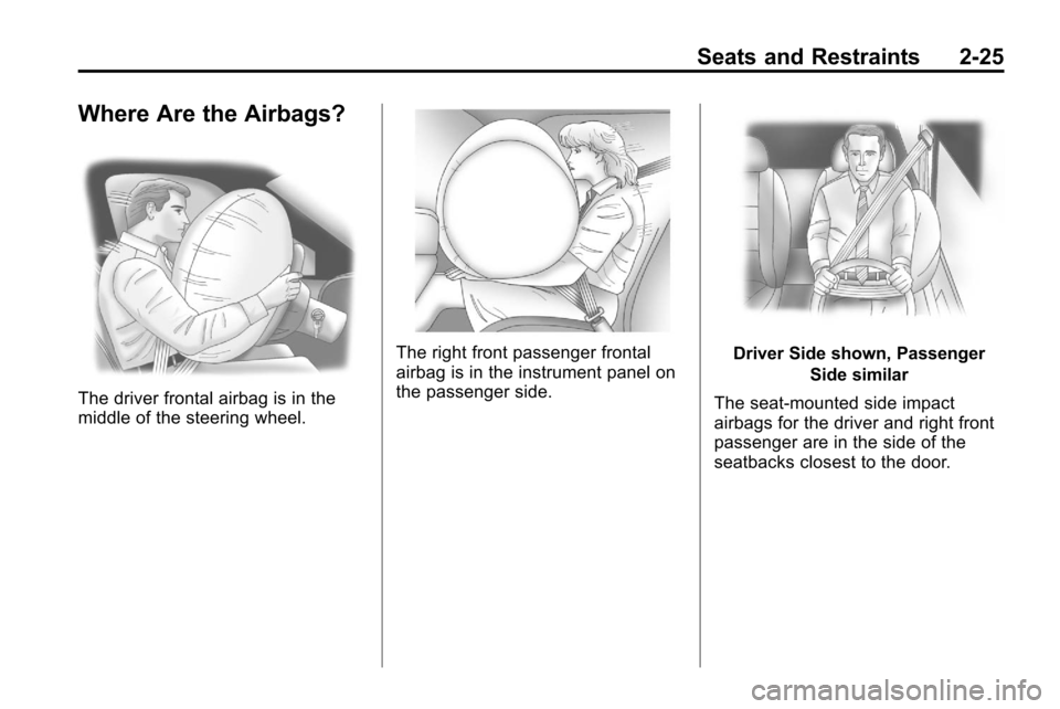CHEVROLET EQUINOX 2010 2.G Workshop Manual Seats and Restraints 2-25
Where Are the Airbags?
The driver frontal airbag is in the
middle of the steering wheel.
The right front passenger frontal
airbag is in the instrument panel on
the passenger 