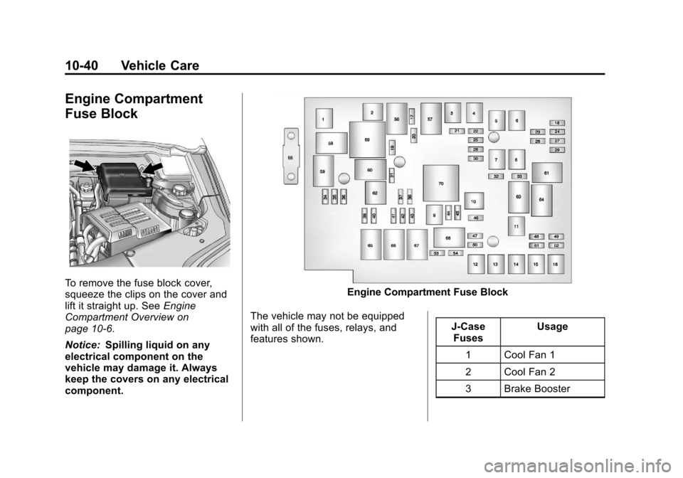 CHEVROLET EQUINOX 2011 2.G Owners Manual Black plate (40,1)Chevrolet Equinox Owner Manual - 2011
10-40 Vehicle Care
Engine Compartment
Fuse Block
To remove the fuse block cover,
squeeze the clips on the cover and
lift it straight up. SeeEngi CHEVROLET EQUINOX 2011 2.G Owners Manual Black plate (40,1)Chevrolet Equinox Owner Manual - 2011
10-40 Vehicle Care
Engine Compartment
Fuse Block
To remove the fuse block cover,
squeeze the clips on the cover and
lift it straight up. SeeEngi