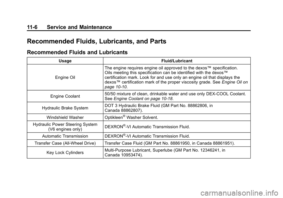 CHEVROLET EQUINOX 2011 2.G Owners Manual Black plate (6,1)Chevrolet Equinox Owner Manual - 2011
11-6 Service and Maintenance
Recommended Fluids, Lubricants, and Parts
Recommended Fluids and Lubricants
UsageFluid/Lubricant
Engine Oil The engi