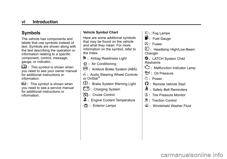 CHEVROLET EQUINOX 2011 2.G Owners Manual Black plate (6,1)Chevrolet Equinox Owner Manual - 2011
vi Introduction
Symbols
The vehicle has components and
labels that use symbols instead of
text. Symbols are shown along with
the text describing 