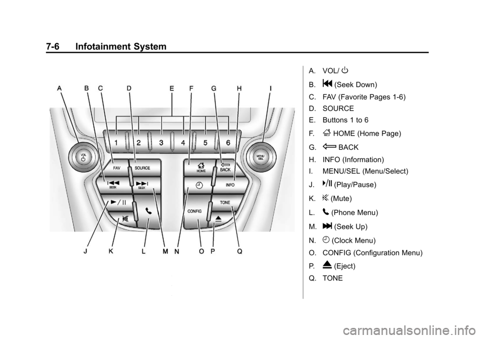 CHEVROLET EQUINOX 2012 2.G Owners Manual Black plate (6,1)Chevrolet Equinox Owner Manual - 2012
7-6 Infotainment System
A. VOL/O
B.g(Seek Down)
C. FAV (Favorite Pages 1-6)
D. SOURCE
E. Buttons 1 to 6
F.
FHOME (Home Page)
G.
EBACK
H. INFO (In CHEVROLET EQUINOX 2012 2.G Owners Manual Black plate (6,1)Chevrolet Equinox Owner Manual - 2012
7-6 Infotainment System
A. VOL/O
B.g(Seek Down)
C. FAV (Favorite Pages 1-6)
D. SOURCE
E. Buttons 1 to 6
F.
FHOME (Home Page)
G.
EBACK
H. INFO (In