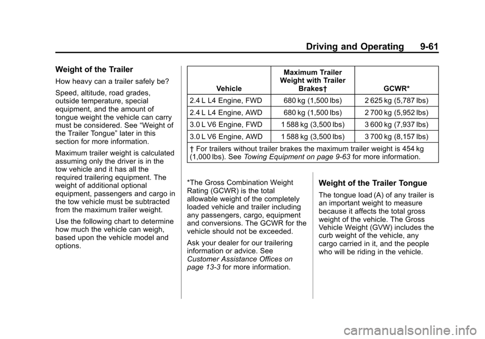 CHEVROLET EQUINOX 2012 2.G Owners Manual Black plate (61,1)Chevrolet Equinox Owner Manual - 2012
Driving and Operating 9-61
Weight of the Trailer
How heavy can a trailer safely be?
Speed, altitude, road grades,
outside temperature, special
e CHEVROLET EQUINOX 2012 2.G Owners Manual Black plate (61,1)Chevrolet Equinox Owner Manual - 2012
Driving and Operating 9-61
Weight of the Trailer
How heavy can a trailer safely be?
Speed, altitude, road grades,
outside temperature, special
e