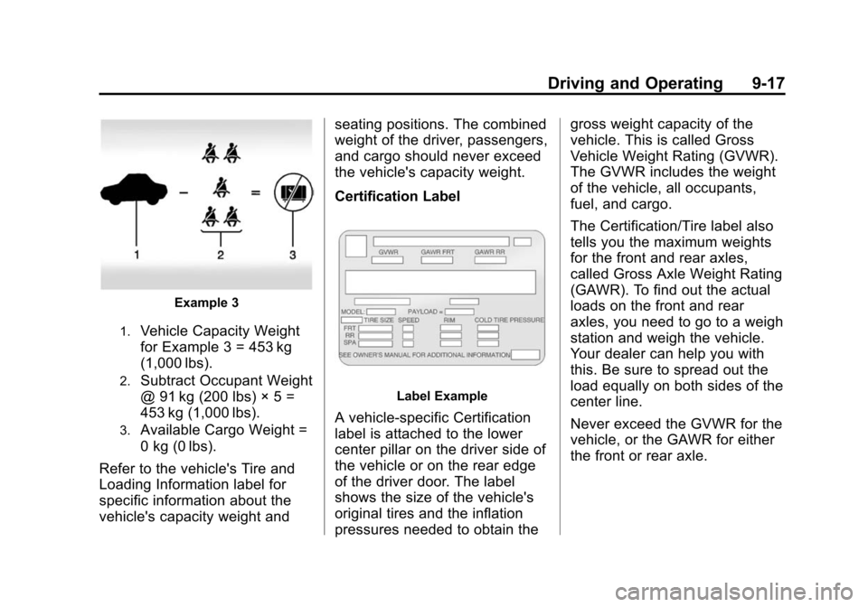 CHEVROLET EQUINOX 2014 2.G Owners Manual Black plate (17,1)Chevrolet Equinox Owner Manual (GMNA-Localizing-U.S./Canada-
6081479) - 2014 - crc2 - 10/23/13
Driving and Operating 9-17
Example 3
1.Vehicle Capacity Weight
for Example 3 = 453 kg
( CHEVROLET EQUINOX 2014 2.G Owners Manual Black plate (17,1)Chevrolet Equinox Owner Manual (GMNA-Localizing-U.S./Canada-
6081479) - 2014 - crc2 - 10/23/13
Driving and Operating 9-17
Example 3
1.Vehicle Capacity Weight
for Example 3 = 453 kg
(