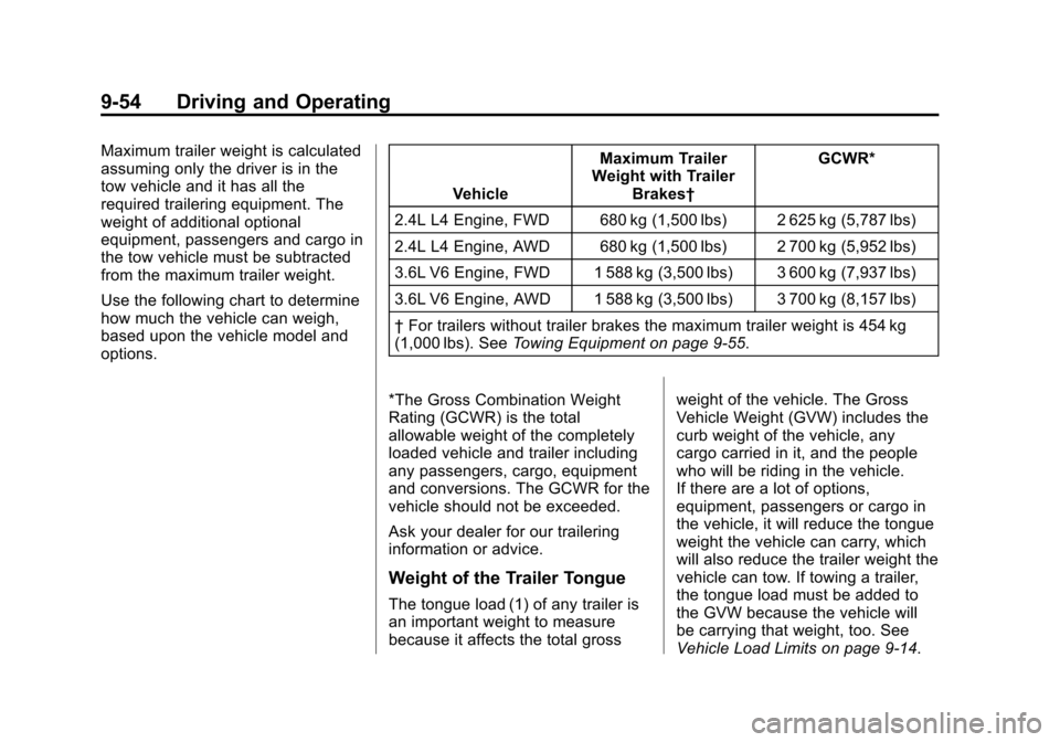 CHEVROLET EQUINOX 2014 2.G Owners Manual Black plate (54,1)Chevrolet Equinox Owner Manual (GMNA-Localizing-U.S./Canada-
6081479) - 2014 - crc2 - 10/23/13
9-54 Driving and Operating
Maximum trailer weight is calculated
assuming only the drive CHEVROLET EQUINOX 2014 2.G Owners Manual Black plate (54,1)Chevrolet Equinox Owner Manual (GMNA-Localizing-U.S./Canada-
6081479) - 2014 - crc2 - 10/23/13
9-54 Driving and Operating
Maximum trailer weight is calculated
assuming only the drive