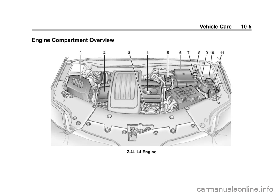 CHEVROLET EQUINOX 2014 2.G Owners Manual Black plate (5,1)Chevrolet Equinox Owner Manual (GMNA-Localizing-U.S./Canada-
6081479) - 2014 - crc2 - 10/23/13
Vehicle Care 10-5
Engine Compartment Overview
2.4L L4 Engine CHEVROLET EQUINOX 2014 2.G Owners Manual Black plate (5,1)Chevrolet Equinox Owner Manual (GMNA-Localizing-U.S./Canada-
6081479) - 2014 - crc2 - 10/23/13
Vehicle Care 10-5
Engine Compartment Overview
2.4L L4 Engine