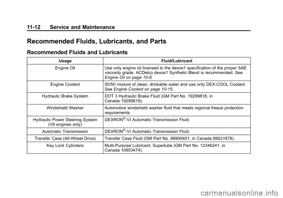 CHEVROLET EQUINOX 2014 2.G Owners Manual Black plate (12,1)Chevrolet Equinox Owner Manual (GMNA-Localizing-U.S./Canada-
6081479) - 2014 - crc2 - 10/23/13
11-12 Service and Maintenance
Recommended Fluids, Lubricants, and Parts
Recommended Flu CHEVROLET EQUINOX 2014 2.G Owners Manual Black plate (12,1)Chevrolet Equinox Owner Manual (GMNA-Localizing-U.S./Canada-
6081479) - 2014 - crc2 - 10/23/13
11-12 Service and Maintenance
Recommended Fluids, Lubricants, and Parts
Recommended Flu