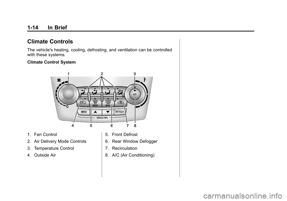 CHEVROLET EQUINOX 2015 2.G Owners Manual Black plate (14,1)Chevrolet Equinox Owner Manual (GMNA-Localizing-U.S./Canada-
7707483) - 2015 - crc - 9/29/14
1-14 In Brief
Climate Controls
The vehicles heating, cooling, defrosting, and ventilatio CHEVROLET EQUINOX 2015 2.G Owners Manual Black plate (14,1)Chevrolet Equinox Owner Manual (GMNA-Localizing-U.S./Canada-
7707483) - 2015 - crc - 9/29/14
1-14 In Brief
Climate Controls
The vehicles heating, cooling, defrosting, and ventilatio
