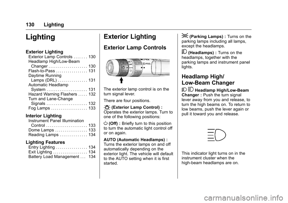 CHEVROLET EQUINOX 2016 2.G Owners Manual Chevrolet Equinox Owner Manual (GMNA-Localizing-U.S./Canada/Mexico-
9234773) - 2016 - crc - 9/3/15
130 Lighting
Lighting
Exterior Lighting
Exterior Lamp Controls . . . . . . . 130
Headlamp High/Low-Be