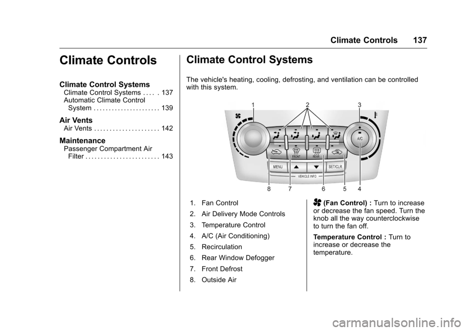 CHEVROLET EQUINOX 2016 2.G Owners Manual Chevrolet Equinox Owner Manual (GMNA-Localizing-U.S./Canada/Mexico-
9234773) - 2016 - crc - 9/3/15
Climate Controls 137
Climate Controls
Climate Control Systems
Climate Control Systems . . . . . 137
A