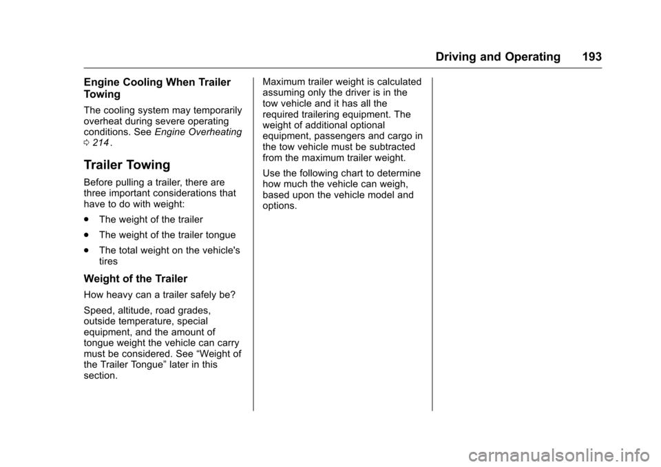 CHEVROLET EQUINOX 2016 2.G Owners Manual Chevrolet Equinox Owner Manual (GMNA-Localizing-U.S./Canada/Mexico-
9234773) - 2016 - crc - 9/3/15
Driving and Operating 193
Engine Cooling When Trailer
Towing
The cooling system may temporarily
overh CHEVROLET EQUINOX 2016 2.G Owners Manual Chevrolet Equinox Owner Manual (GMNA-Localizing-U.S./Canada/Mexico-
9234773) - 2016 - crc - 9/3/15
Driving and Operating 193
Engine Cooling When Trailer
Towing
The cooling system may temporarily
overh