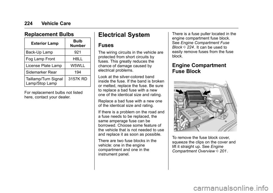 CHEVROLET EQUINOX 2016 2.G Owners Manual Chevrolet Equinox Owner Manual (GMNA-Localizing-U.S./Canada/Mexico-
9234773) - 2016 - crc - 9/3/15
224 Vehicle Care
Replacement Bulbs
Exterior LampBulb
Number
Back-Up Lamp 921
Fog Lamp Front H8LL
Lice