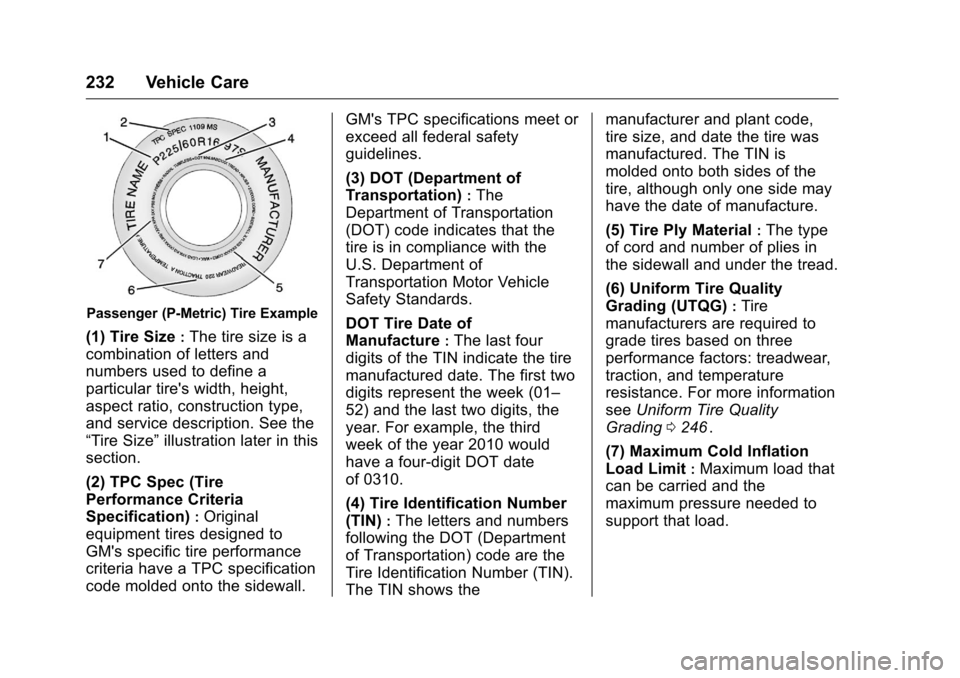 CHEVROLET EQUINOX 2016 2.G Owners Manual Chevrolet Equinox Owner Manual (GMNA-Localizing-U.S./Canada/Mexico-
9234773) - 2016 - crc - 9/3/15
232 Vehicle Care
Passenger (P-Metric) Tire Example
(1) Tire Size:The tire size is a
combination of le CHEVROLET EQUINOX 2016 2.G Owners Manual Chevrolet Equinox Owner Manual (GMNA-Localizing-U.S./Canada/Mexico-
9234773) - 2016 - crc - 9/3/15
232 Vehicle Care
Passenger (P-Metric) Tire Example
(1) Tire Size:The tire size is a
combination of le