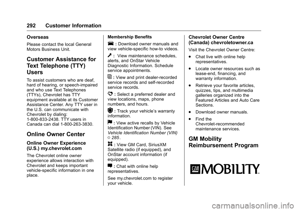 CHEVROLET EQUINOX 2016 2.G Owners Manual Chevrolet Equinox Owner Manual (GMNA-Localizing-U.S./Canada/Mexico-
9234773) - 2016 - crc - 9/3/15
292 Customer Information
Overseas
Please contact the local General
Motors Business Unit.
Customer Ass