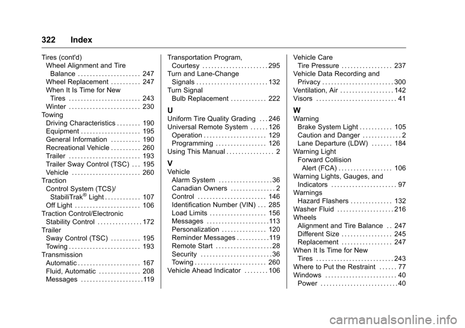 CHEVROLET EQUINOX 2016 2.G Owners Manual Chevrolet Equinox Owner Manual (GMNA-Localizing-U.S./Canada/Mexico-
9234773) - 2016 - crc - 9/3/15
322 Index
Tires (contd)Wheel Alignment and Tire
Balance . . . . . . . . . . . . . . . . . . . . . 24