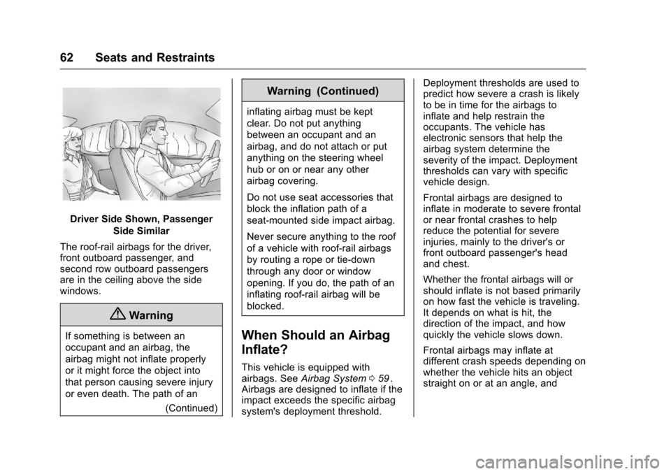 CHEVROLET EQUINOX 2016 2.G Repair Manual Chevrolet Equinox Owner Manual (GMNA-Localizing-U.S./Canada/Mexico-
9234773) - 2016 - crc - 9/3/15
62 Seats and Restraints
Driver Side Shown, PassengerSide Similar
The roof-rail airbags for the driver CHEVROLET EQUINOX 2016 2.G Repair Manual Chevrolet Equinox Owner Manual (GMNA-Localizing-U.S./Canada/Mexico-
9234773) - 2016 - crc - 9/3/15
62 Seats and Restraints
Driver Side Shown, PassengerSide Similar
The roof-rail airbags for the driver