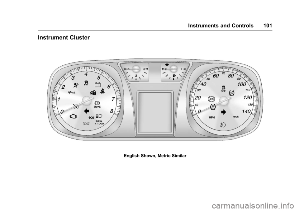 CHEVROLET EQUINOX 2017 2.G Owners Manual Chevrolet Equinox Owner Manual (GMNA-Localizing-U.S./Canada/Mexico-
9918169) - 2017 - CRC - 3/23/16
Instruments and Controls 101
Instrument Cluster
English Shown, Metric Similar 